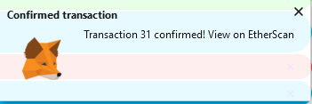 MetaMask popup saying Transaction Confirmed