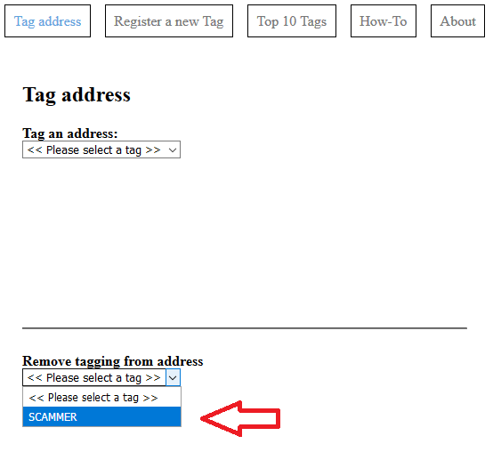 Select the tag that was used to mistakenly tag an address