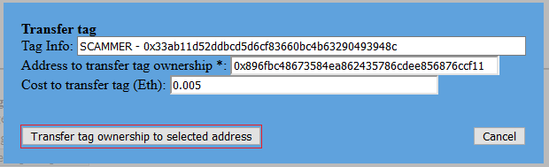 Press "Transfer tag ownership to selected address" button